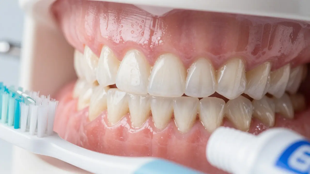 Detail zdravých zubů s porcelánovými destičkami a hygienickou soupravou