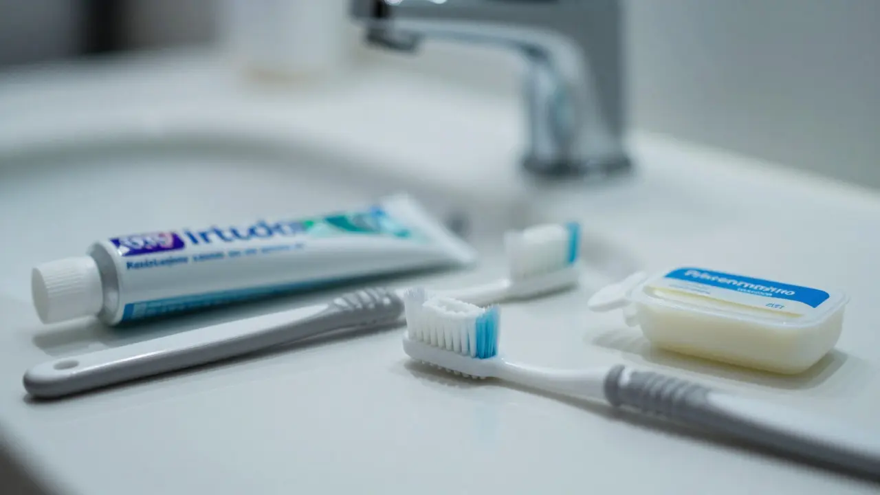 Hygienické pomůcky a vosk na rovnátka na umyvadle