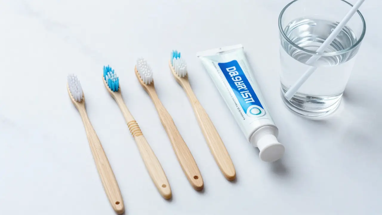 Hygienické potřeby pro čištění rovnátek: kartáček, mezizubní štětce a pasta.