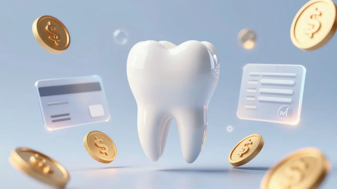 Keramická fazeta obklopená zlatými mincemi a finančními ikonami