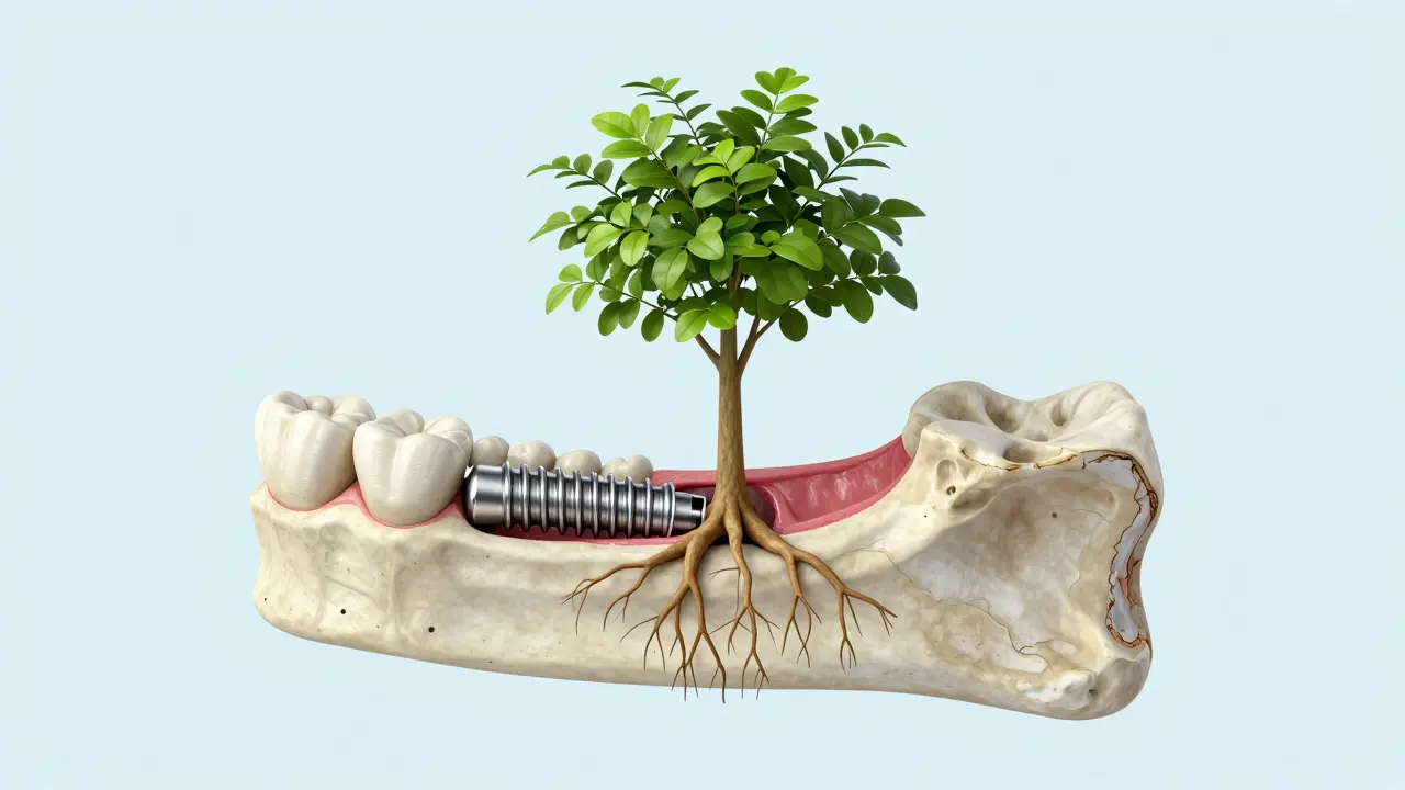 Konceptuální ilustrace zubního implantátu udržujícího kostní hmotu čelisti