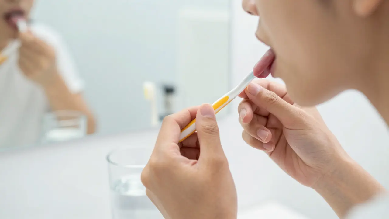 Osoba používající škrabku na jazyk v rámci ranní ústní hygieny