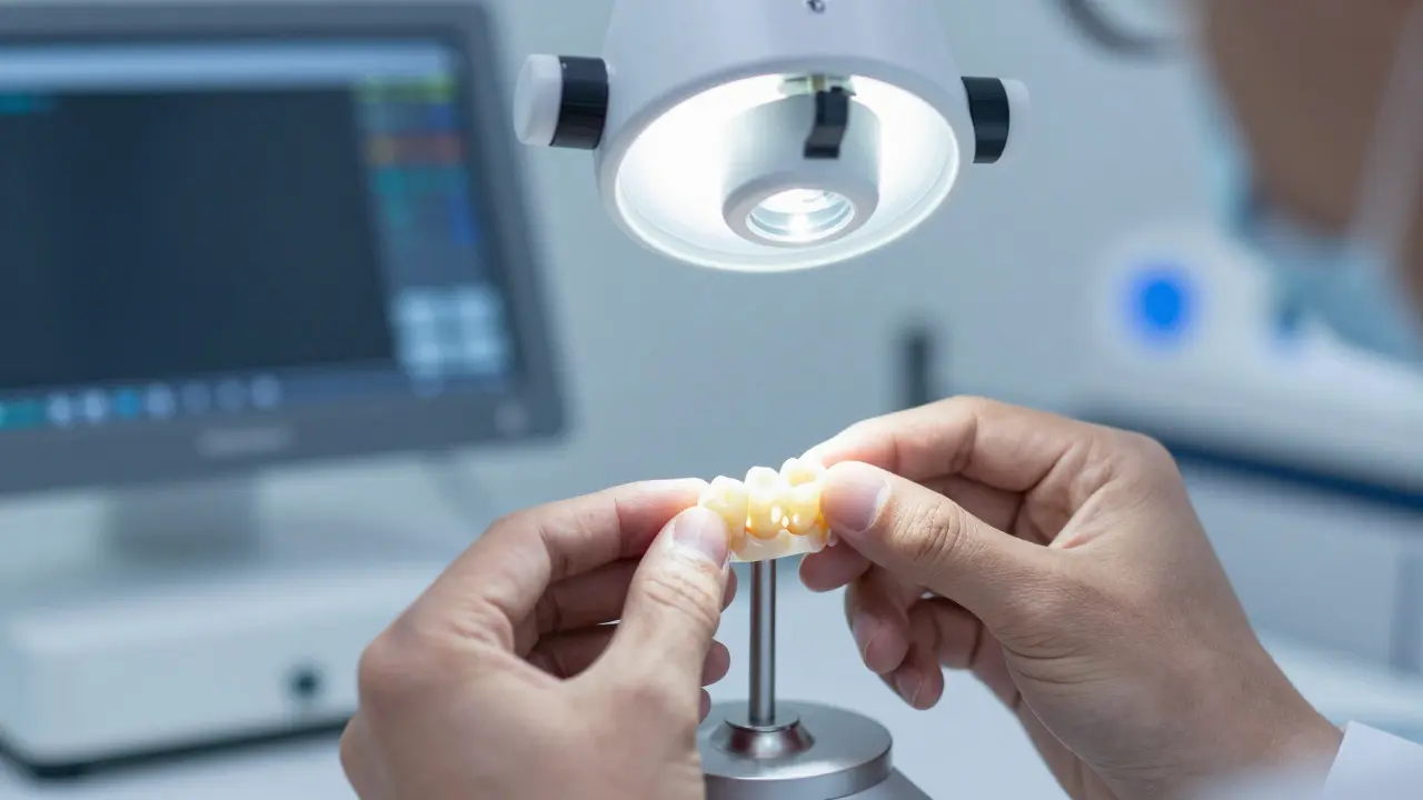 Zubní technik zkoumá hotovou keramickou korunku pod lupou v moderní laboratoři
