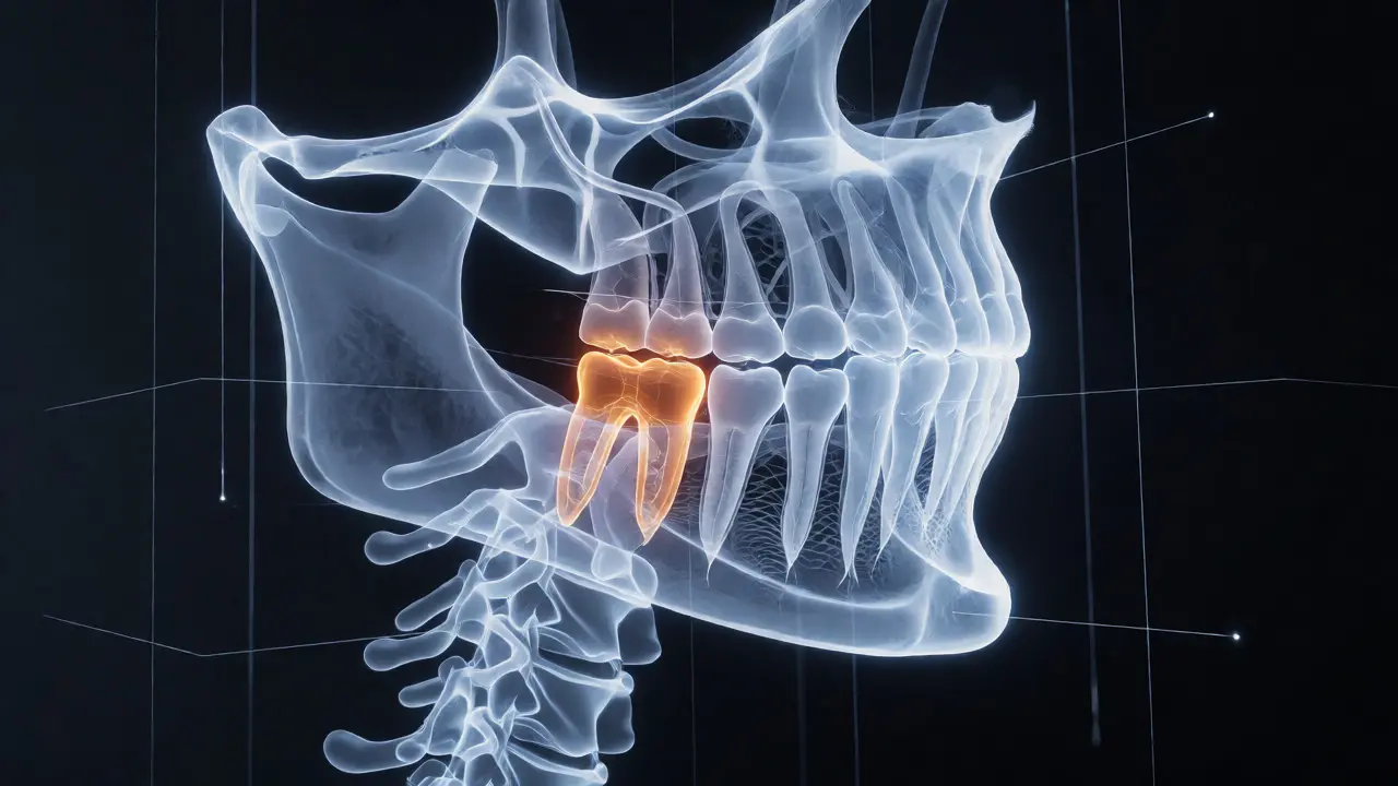 3D CBCT sken čelisti zdůrazňující komplexní anatomii kořenových kanálků a nervů.