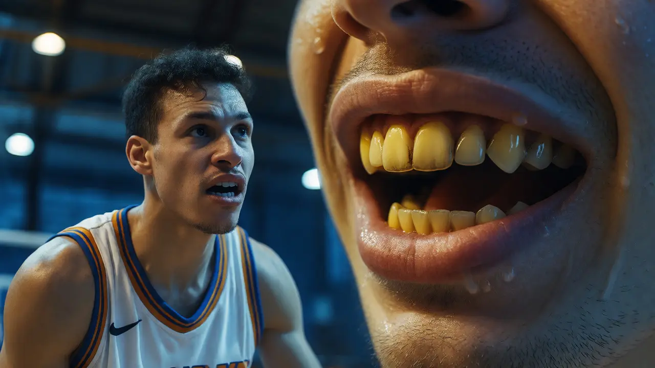 Basketbalista komunikující na hřišti s úzkostí ze vzhledu zubů
