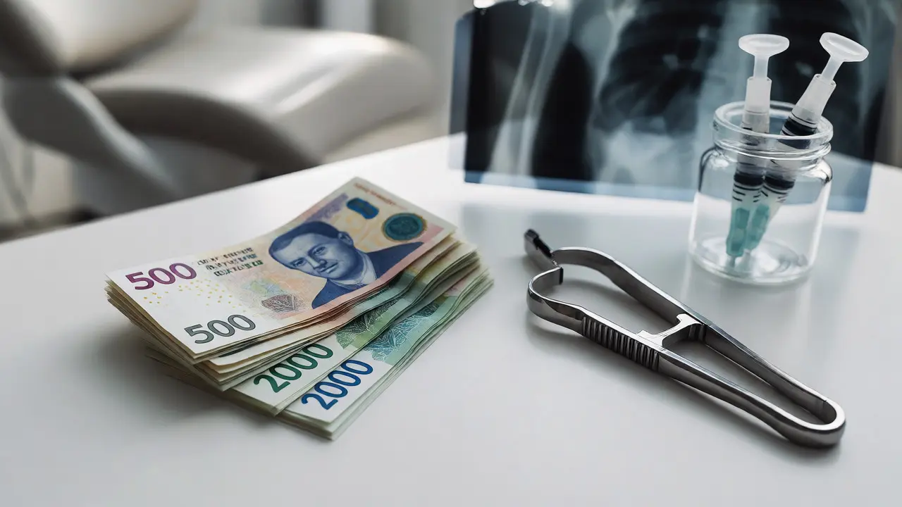 České koruny položené vedle zubních nástrojů symbolizující náklady na léčbu