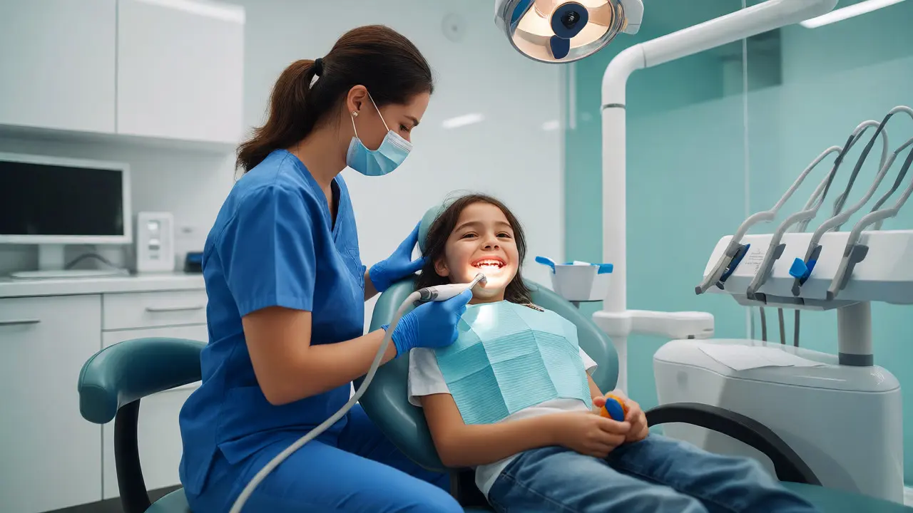 Dentální hygienista odstraňuje zubní kámen u dítěte v ordinaci
