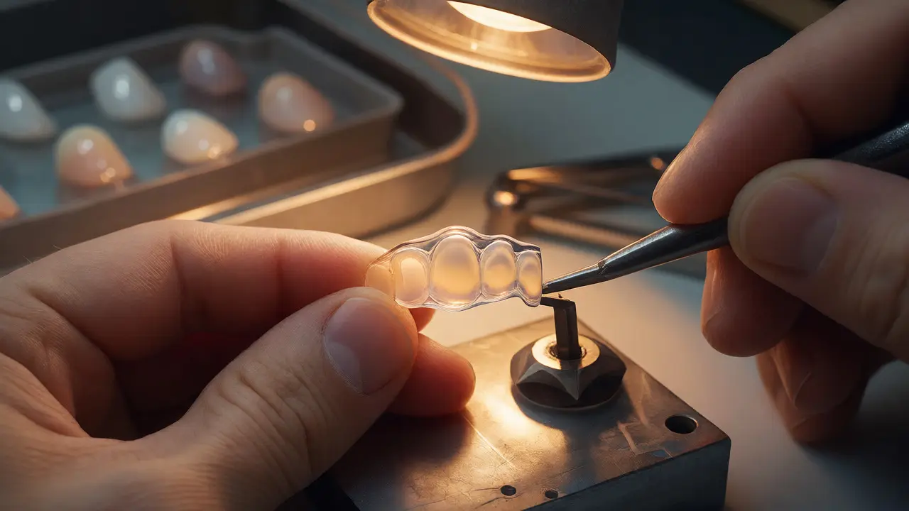 Dentální technik ručně opracovává tenkou keramickou fasetu v laboratoři.
