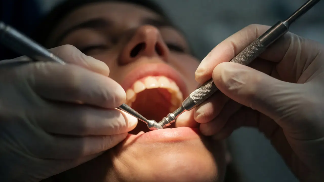 Detailní záběr na zavádění titanového zubního implantátu do dásně