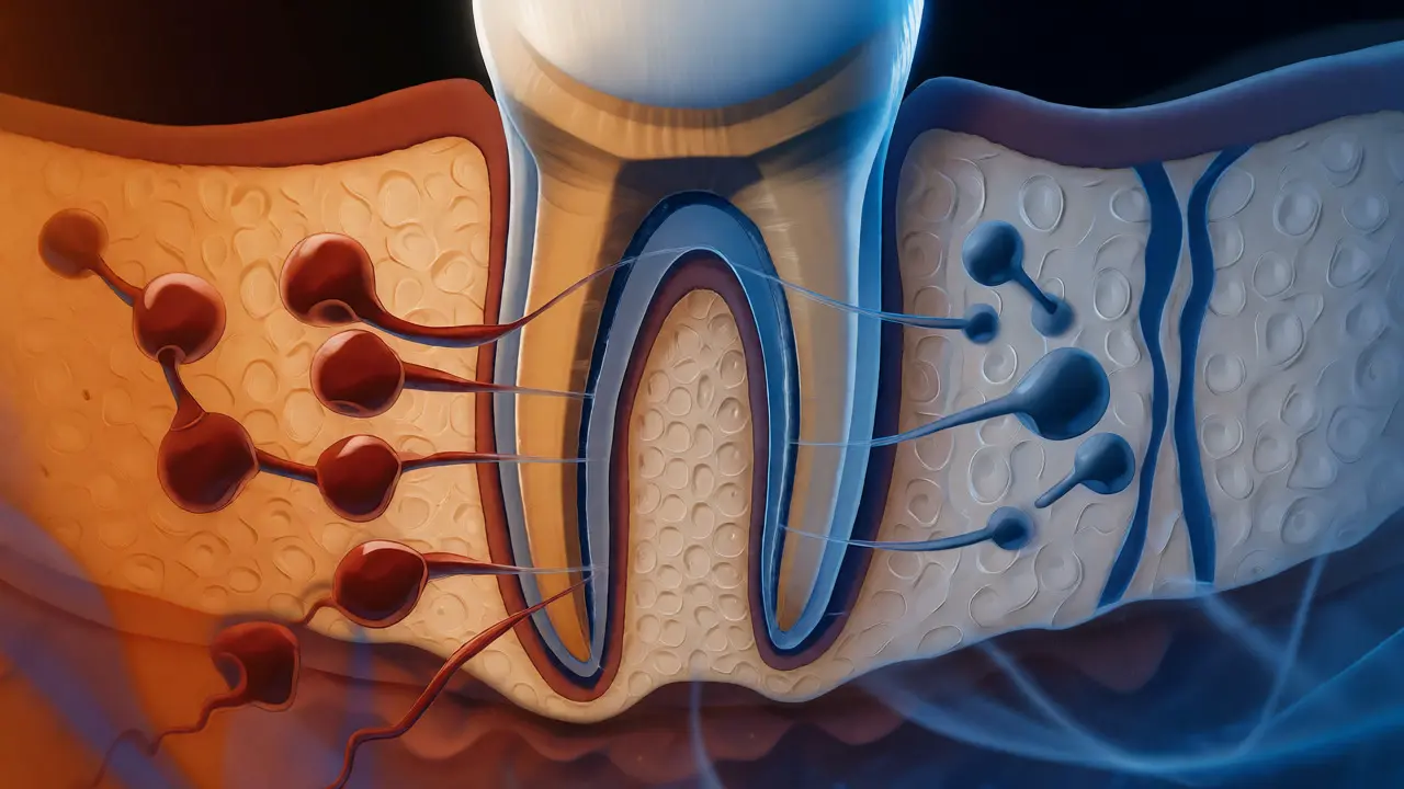 Ilustrace biologického procesu remodelace kosti při posouvání zubů rovnátkem