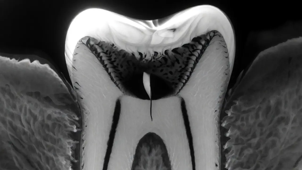 Konceptuální vizualizace vrstev zubu na rentgenu ukazující šíření kazu z dentinu směrem k dřeně.