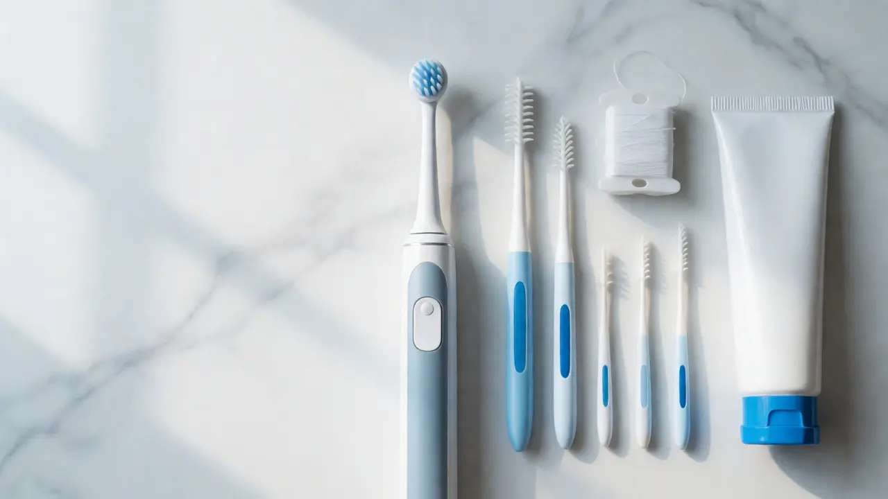 Sada nástrojů pro ústní hygienu včetně elektrického kartáčku a mezizubních kartáčků
