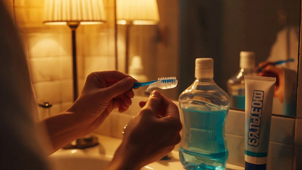 Večerní hygiena ústní dutiny s použitím mezizubního kartáčku a gelu