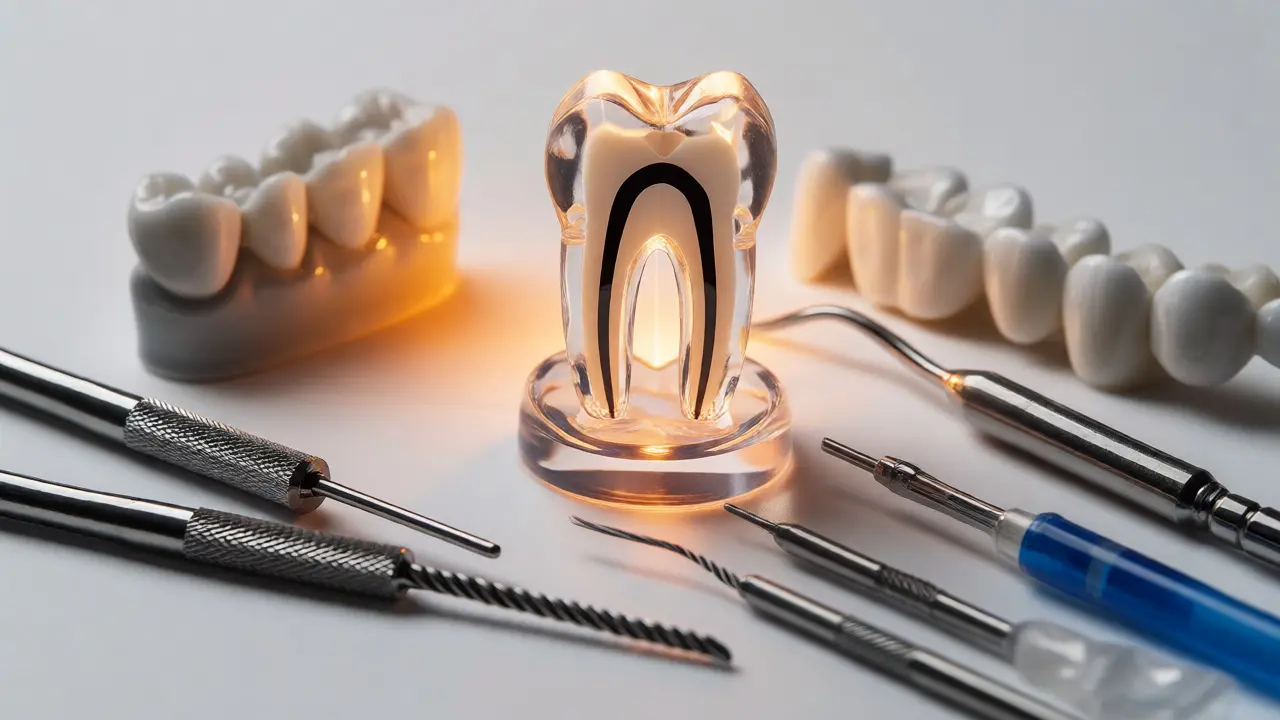 Anatomický model moláru s kanálky a endodontické nástroje na stole