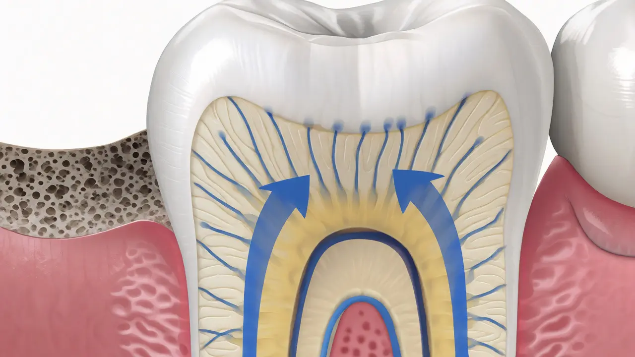 Anatomický řez zubem s odhaleným dentinem a mikroskopickými kanálky.