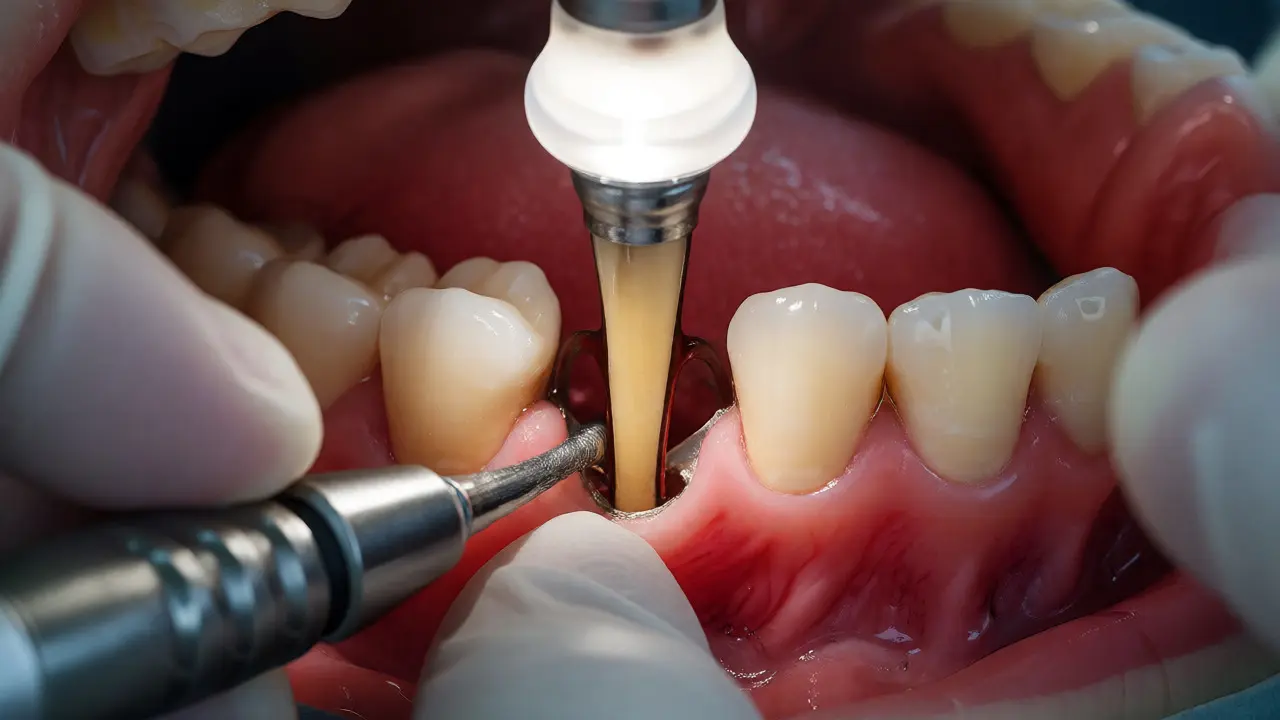 Detailní pohled na čištění zubních kapes pod dásní při kyretáži