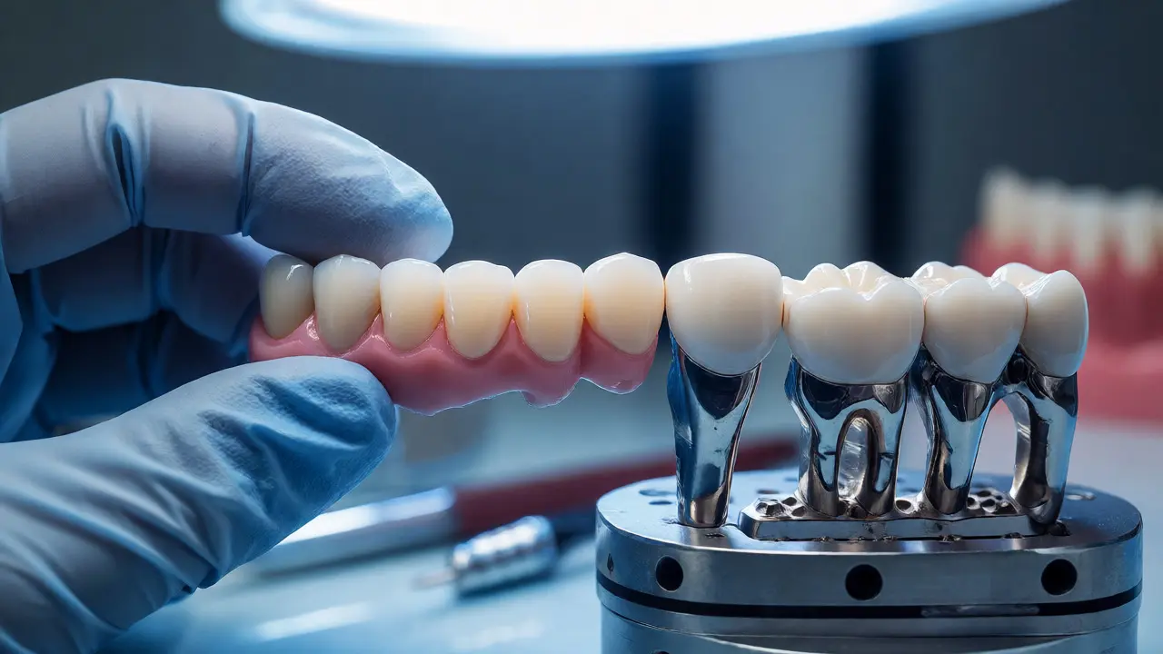 Detailní pohled na keramické zubní náhrady v laboratoři