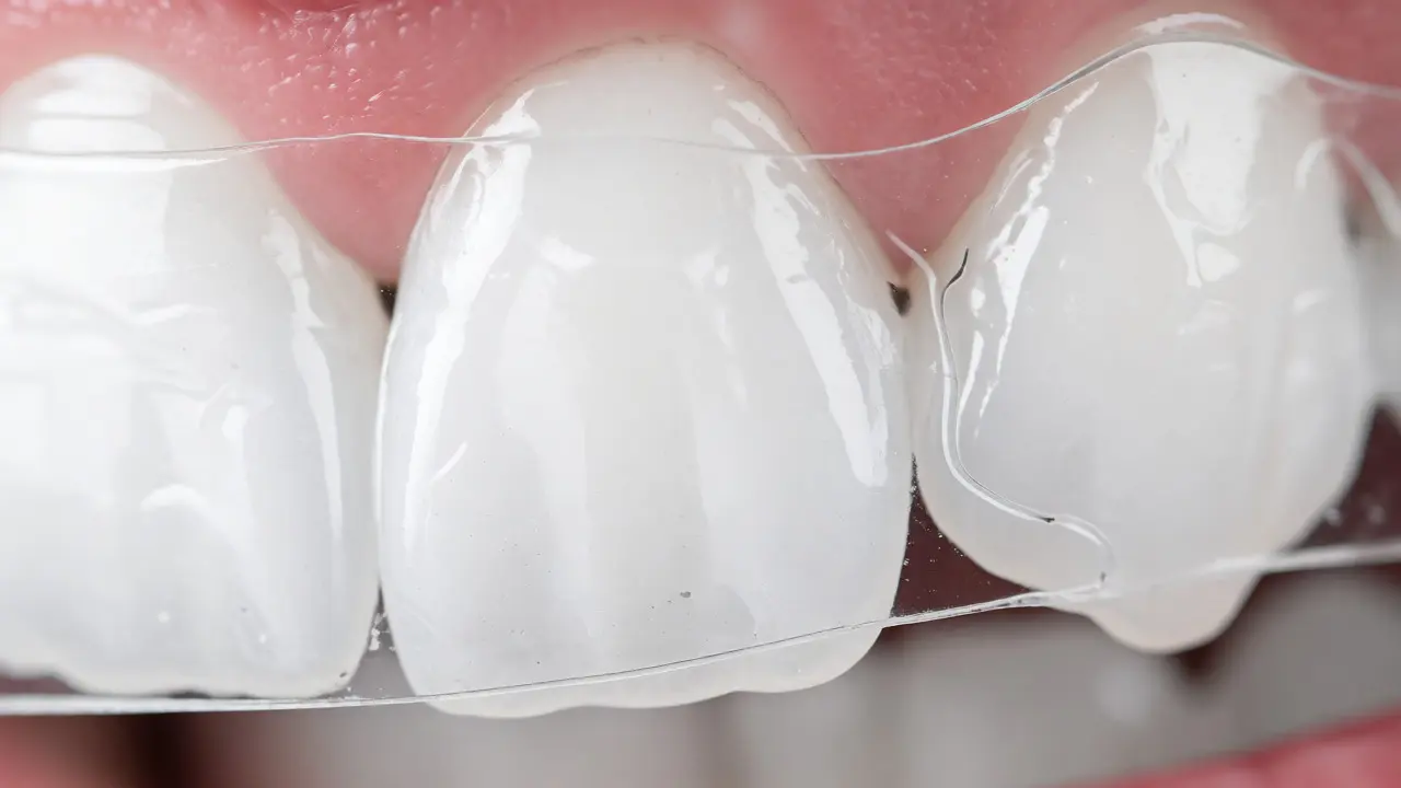 Detailní záběr na aplikaci průhledného bělicího pásku na horní řezáky s důrazem na přilnavost.