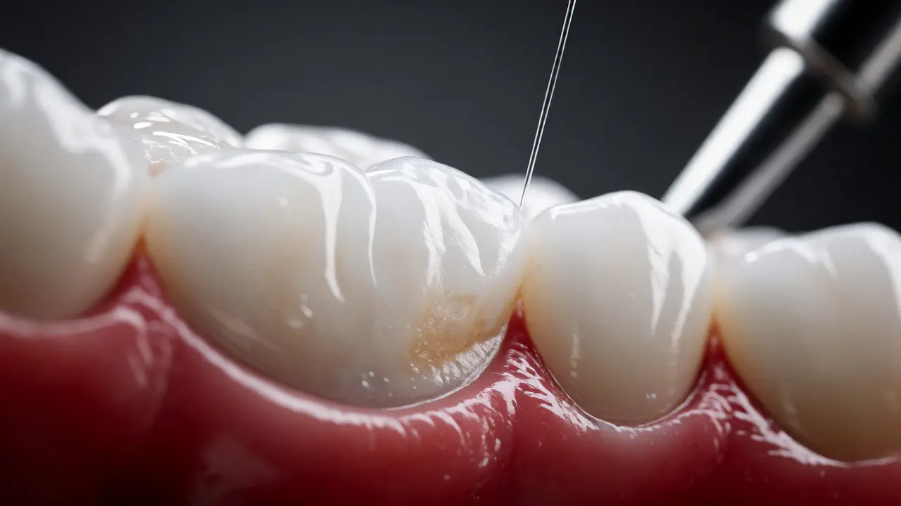 Makro snímek zubu s aplikací ochranného laku pro prevenci kazů