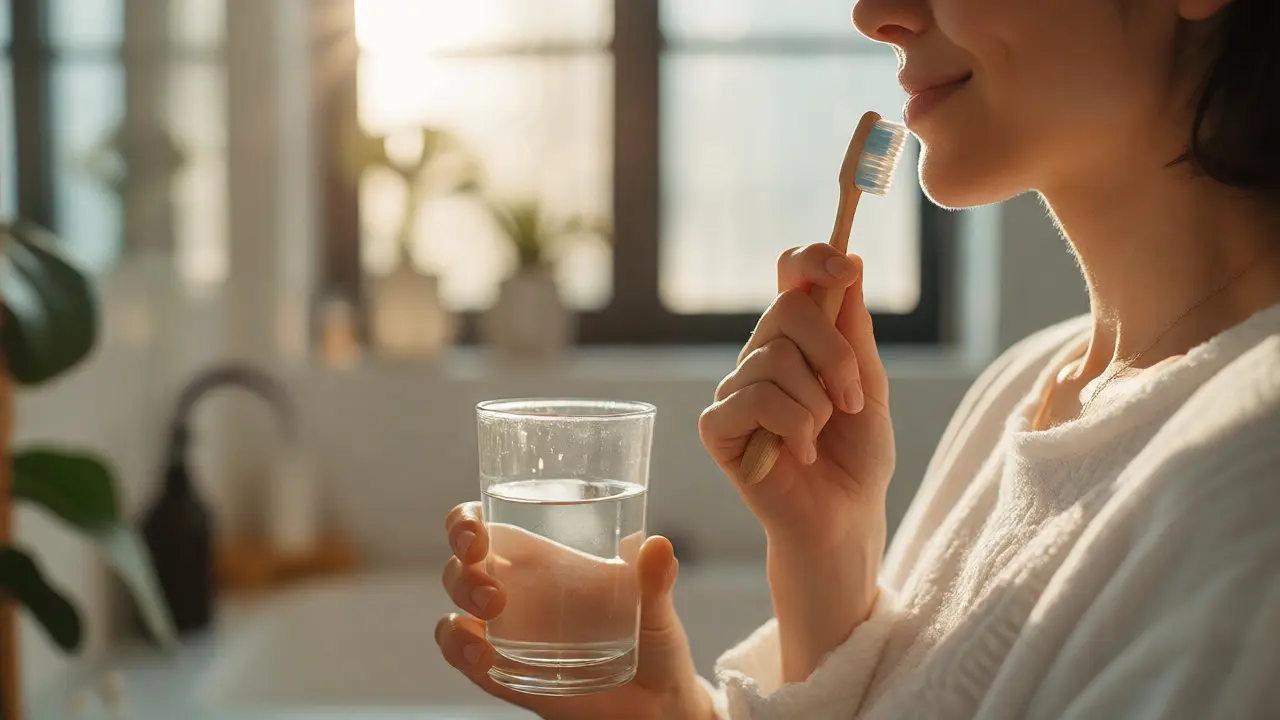 Osoba držící měkký kartáček a vlažnou vodu pro šetrnou hygienu