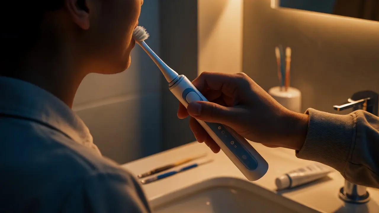 Osoba používá elektrický kartáček při večerní ústní hygieně
