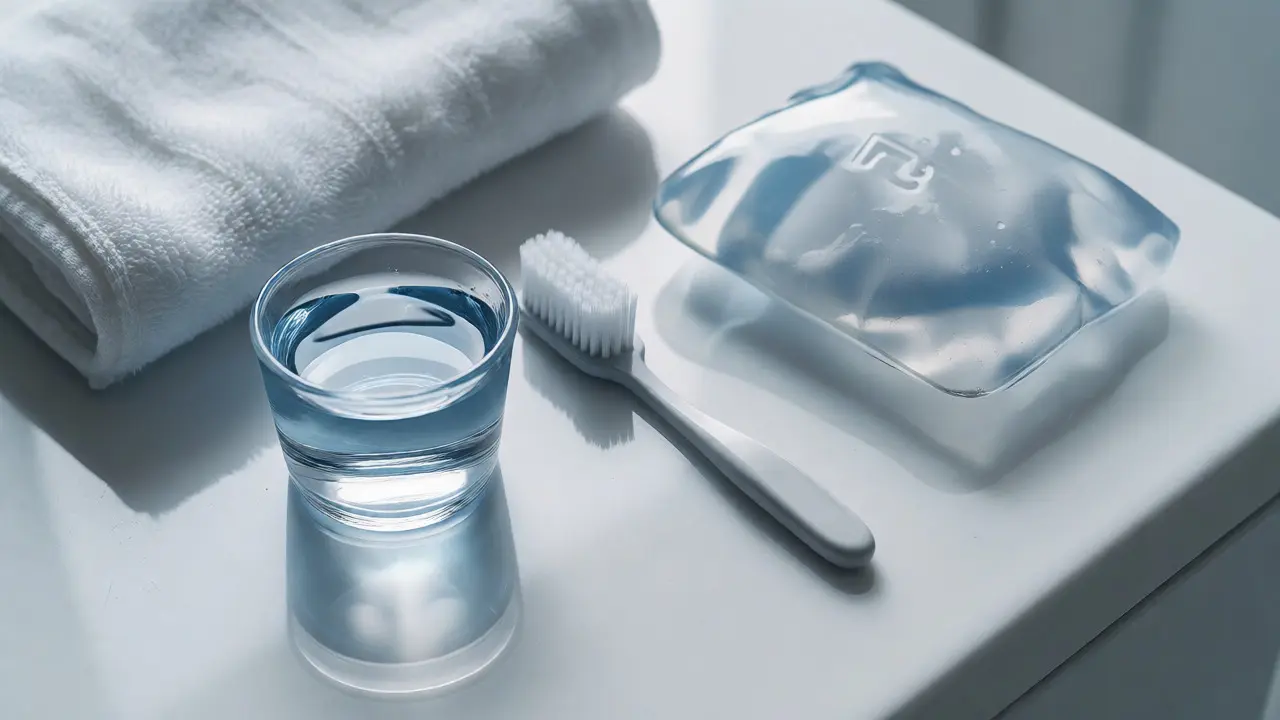 Příprava na jemnou ústní hygienu s měkkým kartáčkem a obkladem