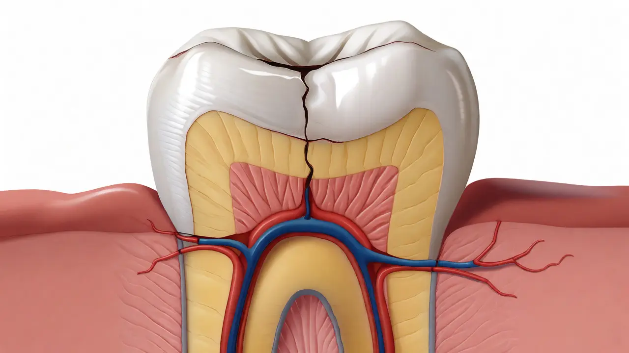 Průřez zubem s prasklinou ve sklovině a dentinu