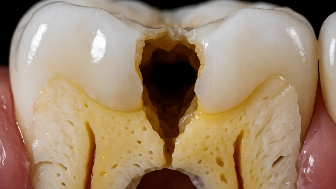 Řez zubem ukazující hloubku kazu v dentinu