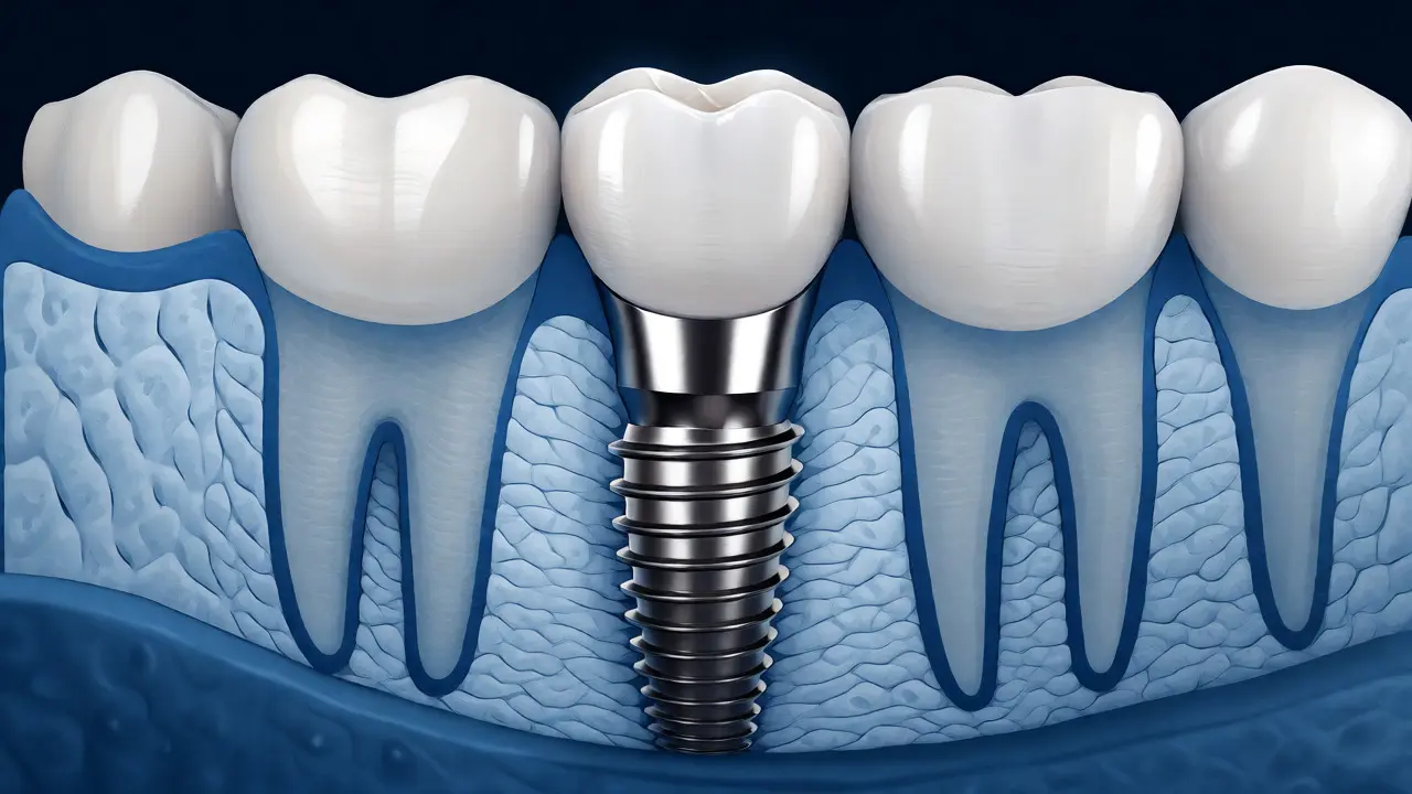 Řez zubním implantátem zasazeným do čelistní kosti