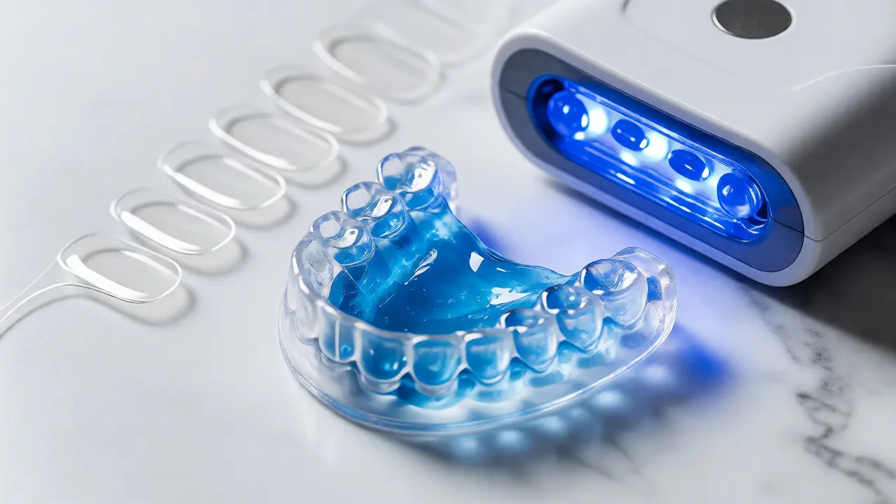 Srovnání bělicích proužků, nálevky s gelem a LED zařízení na bílém pozadí.