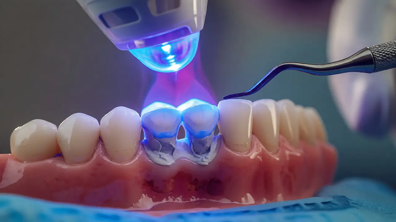 Vytvrzování zubního můstku modrým světlem polymerizační lampy